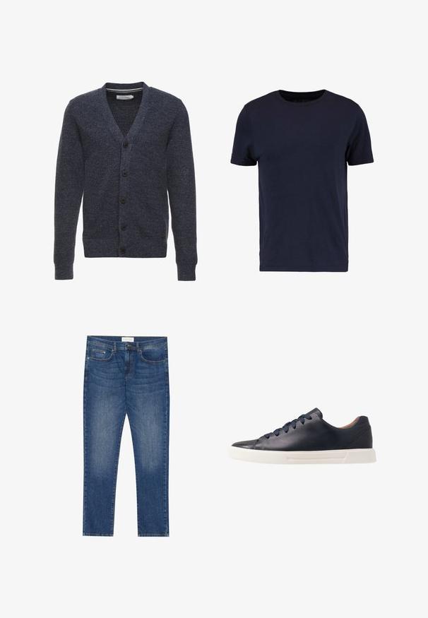 Marineblauer Cardigan aus strukturiertem Stoff, mit V-Ausschnitt, langen Ärmeln und fünf braunen Knöpfen auf der Vorderseite.; Pier One T-Shirt basic - dark blue; Herren Jeans aus blauem Denim mit geradem Schnitt, fünf Taschen, leichtem Verwaschungsdetail sowie einem standardmäßigen Knopf- und Reißverschluss.; Marineblaue Ledersneaker mit glatter Oberfläche, flacher weißer Gummisohle, runder Zehenpartie und sechs marineblauen Schnürsenkeln, die durch runde Ösen gefädelt sind.