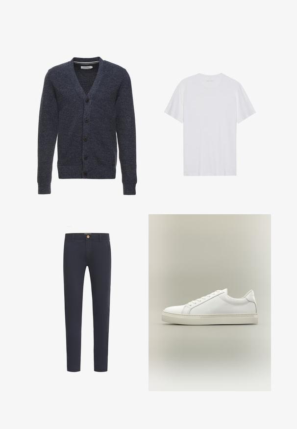 Cárdigan azul marino hecho de una tela texturizada, con cuello en V, mangas largas y cinco botones marrones a lo largo del frente.; Camiseta de algodón blanca con mangas cortas, cuello redondo y una textura suave. Presenta una marca mínima en el escote.; Pantalones azul marino hechos de una tela suave, con un ajuste regular, diseño de cinco bolsillos y cierre frontal con botón.; Zapatilla blanca de perfil bajo con cordones en la parte delantera y suela gruesa, mostrada de lado sobre un fondo neutro.