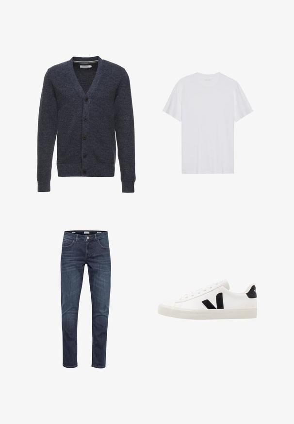 Marineblauer Cardigan aus strukturiertem Stoff, mit V-Ausschnitt, langen Ärmeln und fünf braunen Knöpfen auf der Vorderseite.; Weißes Baumwoll-T-Shirt mit kurzen Ärmeln, Rundhalsausschnitt und glatter Textur. Verfügt über eine minimale Markenkennzeichnung am Halsausschnitt.; Dunkelblaue Slim-Fit Denim-Jeans mit vorderer Knopfleiste und Taschendetails, auf weißem Hintergrund dargestellt.; Weiße Leder-Sneaker mit schwarzen Wildlederelementen; verfügen über eine Gummisohle, eine runde Spitze und ein klassisches Schnürdesign. Seitliches Logo in Schwarz.