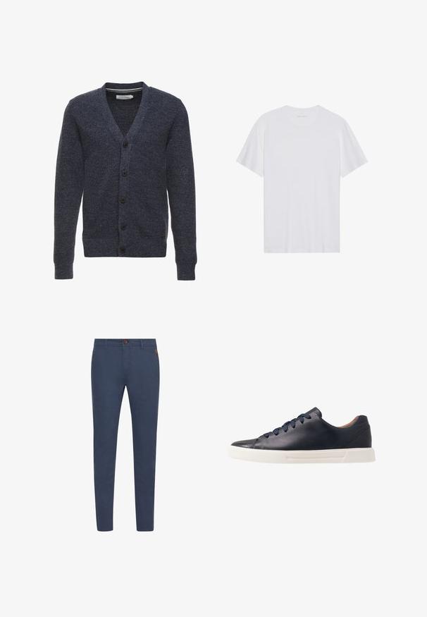 Cárdigan azul marino hecho de una tela texturizada, con cuello en V, mangas largas y cinco botones marrones a lo largo del frente.; Camiseta de algodón blanca con mangas cortas, cuello redondo y una textura suave. Presenta una marca mínima en el escote.; Pantalones de algodón azul marino con corte slim, con un botón marrón, bolsillos frontales y costuras simples. Textura suave, sin patrones visibles.; Zapatillas de cuero azul marino con un acabado suave, suela plana de goma blanca, puntera redonda y seis cordones azul marino pasados por ojales redondos.