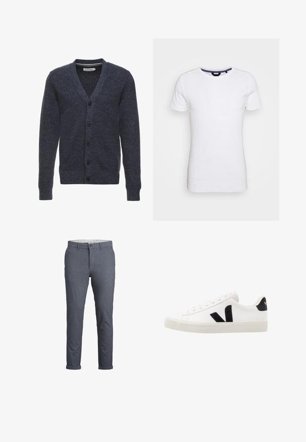 Cardigan bleu marine en tissu texturé, avec un col en V, des manches longues et cinq boutons marron à l'avant.; Lindbergh T-shirt basique - white; Pantalons pour hommes ajustés en motif chevron bleu foncé, avec fermeture à bouton, design épuré et ourlets retournés. Réalisés en tissu léger.; Sneaker blanche en cuir avec des accents en daim noir ; dispose d'une semelle en caoutchouc, d'un bout rond et d'un design classique à lacets. Logo latéral en noir.