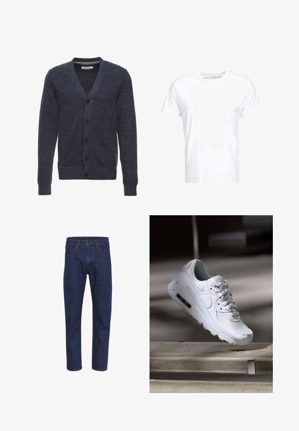 Marineblauer Cardigan aus strukturiertem Stoff, mit V-Ausschnitt, langen Ärmeln und fünf braunen Knöpfen auf der Vorderseite.; Weißes Baumwoll-T-Shirt mit rundem Ausschnitt und kurzen Ärmeln, im klassischen Schnitt und mit glatter Textur. Keine sichtbaren Muster oder Hardware.; Dunkelblaue Jeans aus Denim mit geradem Schnitt, fünf Taschen und gelben Nähten an den Säumen. Der Stoff hat eine glatte Textur.; Weiße Nike Air Max 90 Sneaker mit einem Obermaterial aus Mesh und Leder, durchlässigem Zehenbereich und einer sichtbaren Air-Einheit in der Ferse.