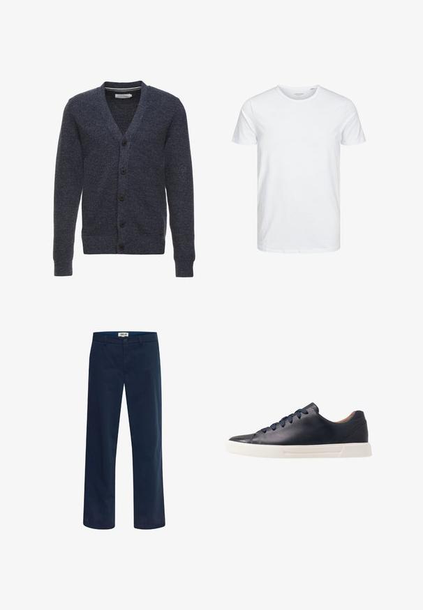 Cardigan bleu marine en tissu texturé, avec un col en V, des manches longues et cinq boutons marron à l'avant.; T-shirt à col rond à manches courtes de couleur blanche unie, fabriqué en coton doux, avec un design simple sans motifs ni accents visibles.; Pantalon bleu marine droit avec fermeture à bouton et zip, passants pour ceinture et poches avant, présenté sur fond blanc.; Baskets en cuir bleu marine avec une finition lisse, semelle en caoutchouc blanc plat, bout arrondi et six lacets bleu marine passés à travers des œillets ronds.