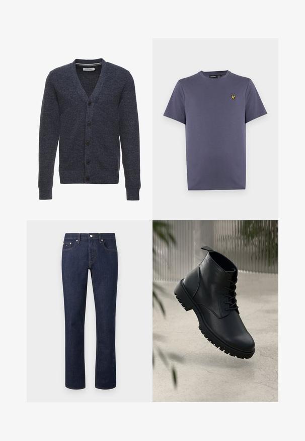 Cardigan bleu marine en tissu texturé, avec un col en V, des manches longues et cinq boutons marron à l'avant.; T-shirt homme à manches courtes en coton violet foncé, avec un col rond et un petit emblème d'oiseau jaune sur la poitrine gauche.; Jean droit en denim bleu foncé avec cinq poches et coutures orange visibles, fermeture à bouton à la taille.; Bottines en cuir noir avec un bout rond, un laçage, et une semelle en caoutchouc robuste. Texture lisse avec une languette à l'arrière.
