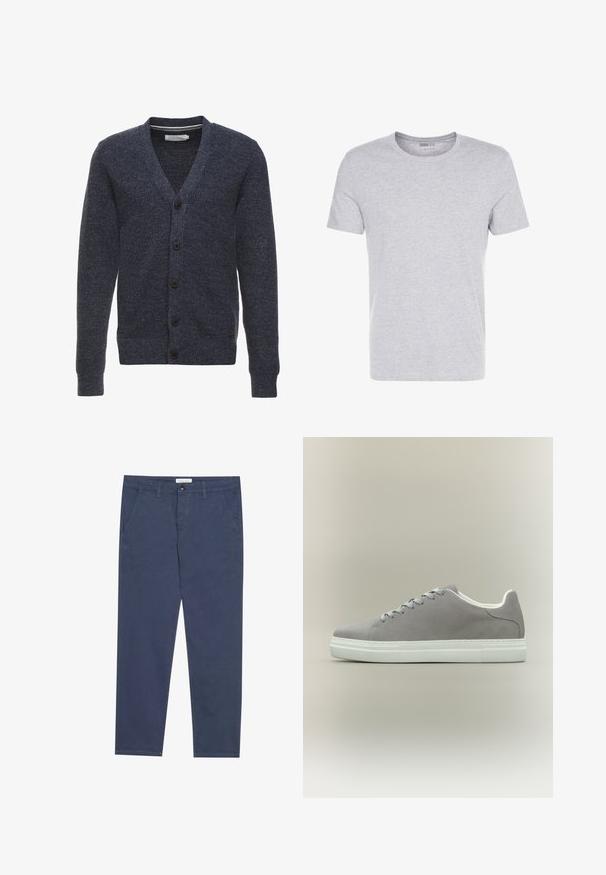 Cárdigan azul marino hecho de una tela texturizada, con cuello en V, mangas largas y cinco botones marrones a lo largo del frente.; Camiseta de algodón gris con cuello redondo, mangas cortas y un diseño liso, que presenta una textura suave y lisa, sin patrones ni adornos visibles.; Chinos de algodón azul marino con corte recto, dos bolsillos frontales y un sutil detalle de costura, que cuentan con una cinturilla con cierre de botón.; Zapatilla de ante gris con suela y cordones de goma blanca, con un diseño de corte bajo y textura suave. Estilo minimalista sin logotipos visibles.