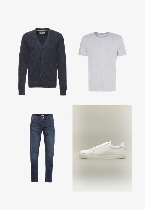 Marineblauwe cardigan van een gestructureerde stof, met een V-hals, lange mouwen en vijf bruine knopen aan de voorkant.; Grijze katoenen t-shirt met een ronde hals, korte mouwen en een eenvoudige uitstraling, met een zachte, gladde textuur en zonder zichtbare patronen of versieringen.; Donkerblauwe slim-fit denim jeans met knoop aan de voorkant en zakdetails, weergegeven tegen een witte achtergrond.; Witte lage sneaker met veters aan de voorkant en dikke zool, zijaanzicht tegen een neutrale achtergrond.
