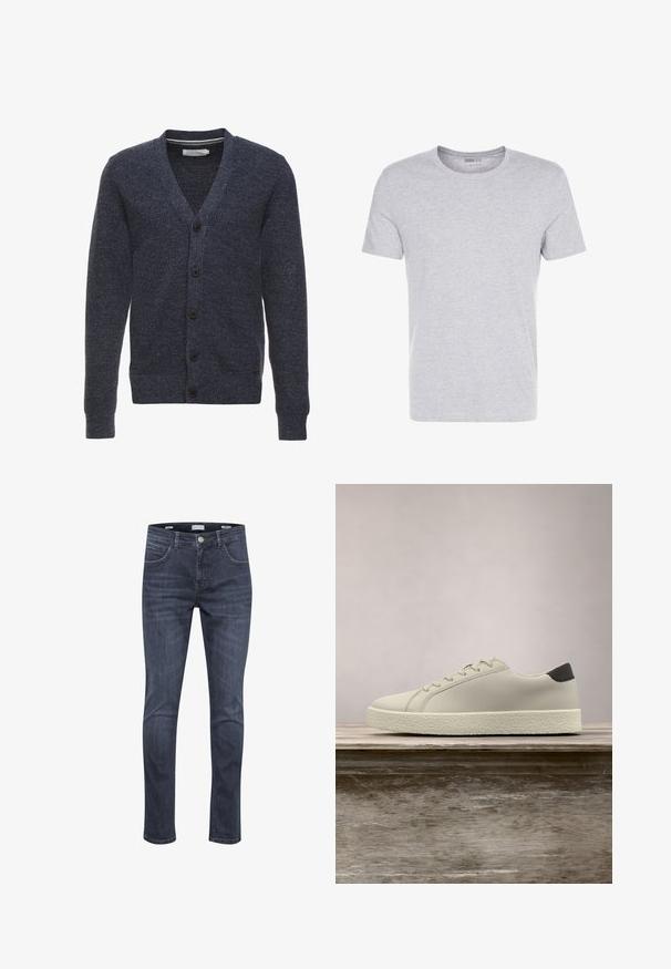 Cárdigan azul marino hecho de una tela texturizada, con cuello en V, mangas largas y cinco botones marrones a lo largo del frente.; Camiseta de algodón gris con cuello redondo, mangas cortas y un diseño liso, que presenta una textura suave y lisa, sin patrones ni adornos visibles.; Jeans de denim azul oscuro con un ajuste slim, que cuentan con cinco bolsillos, costuras claras y un clásico cierre con cremallera y botón.; Zapatilla blanca con suela texturizada y detalle negro en el talón, flotando sobre un banco de madera con hierba alta y verde de fondo.