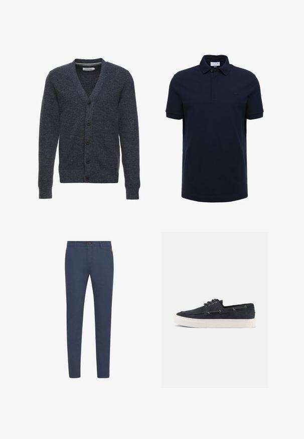Marineblauwe cardigan van een gestructureerde stof, met een V-hals, lange mouwen en vijf bruine knopen aan de voorkant.; Marineblauwe polo gemaakt van katoen, met een klassieke kraag, een drie-knopen sluiting en een geborduurd logo op de borst.; Marineblauwe katoenen broek met een slim fit, voorzien van een bruine knoop, voorzakken en eenvoudige stiksels. Zachte textuur, geen zichtbare patronen.; Casual sneaker van marineblauw suède met witte rubberen zool, zwarte veters en metalen veteroogjes, gezien vanaf de rechterkant tegen een effen achtergrond.