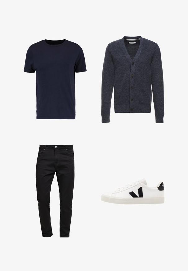 Cardigan bleu marine en tissu texturé, avec un col en V, des manches longues et cinq boutons marron à l'avant.; Pier One by Zalando T-shirt basique - dark blue; Jean noir en tissu denim, design slim fit, style à cinq poches, fermeture à bouton métallique, avec des détails de couture et une texture lisse.; Sneaker blanche en cuir avec des accents en daim noir ; dispose d'une semelle en caoutchouc, d'un bout rond et d'un design classique à lacets. Logo latéral en noir.