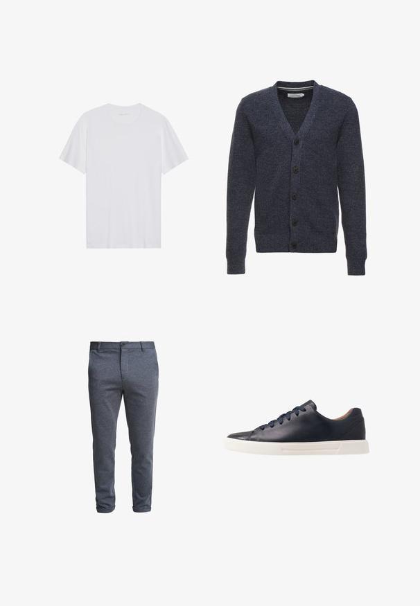 Cardigan bleu marine en tissu texturé, avec un col en V, des manches longues et cinq boutons marron à l'avant.; T-shirt en coton blanc à manches courtes, col rond et texture lisse. Présente un branding minimal au niveau du col.; Pantalon ajusté gris foncé pour homme avec fermeture à boutons et passants pour ceinture, présenté sur un fond blanc.; Baskets en cuir bleu marine avec une finition lisse, semelle en caoutchouc blanc plat, bout arrondi et six lacets bleu marine passés à travers des œillets ronds.