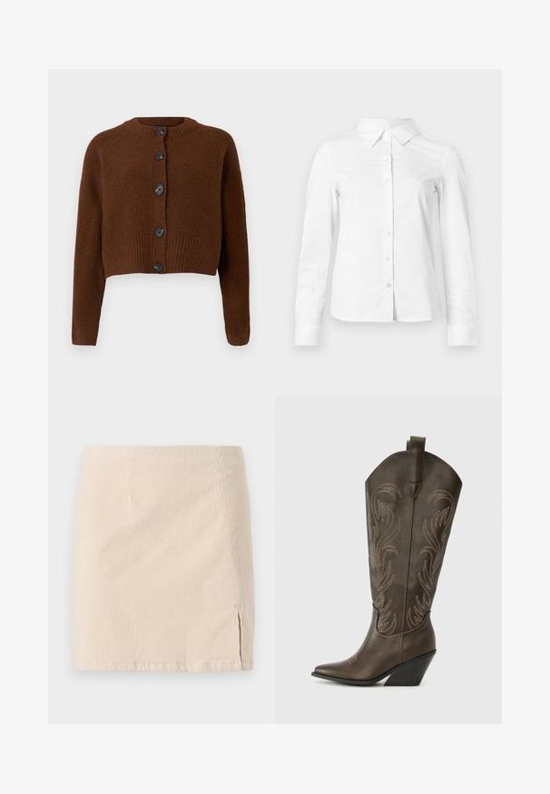 Brun cropped cardigan med ribbet kant, der har seks sorte knapper, en rund halsudskæring og teksturerede ærmer.; Hvid skjorte med lange ærmer, knapper, spids krave, lige kant og tætsiddende silhuet, vist på en ensartet lys baggrund.; Beige corduroy miniskirt med lodret ribbet tekstur, med en sideslids for ekstra detaljer. Kantene er lige og ensartet syet.; Brune læder cowboystøvle med spids tå, kilehæl og dekorativ broderi. Har en høj stok og en trækflap.