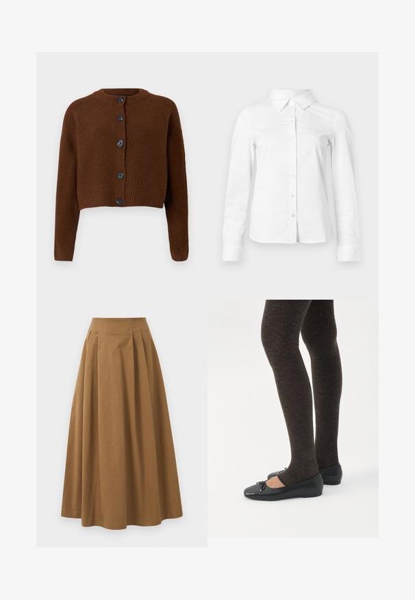 Brun cropped cardigan med ribbet kant, der har seks sorte knapper, en rund halsudskæring og teksturerede ærmer.; Hvid skjorte med lange ærmer, knapper, spids krave, lige kant og tætsiddende silhuet, vist på en ensartet lys baggrund.; Brun bomulds A-linjeet nederdel med høj talje, præget af læg foran og en glat tekstur. Endeafslutningerne er enkle og rene.; Ben iført mørke ribbede leggings kombineret med sorte balletsko med små sløjfedetaljer på hvid baggrund.