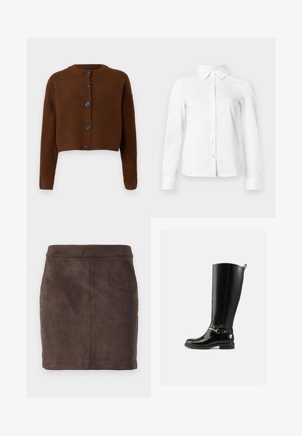 Brun cropped cardigan med ribbet kant, der har seks sorte knapper, en rund halsudskæring og teksturerede ærmer.; Hvid skjorte med lange ærmer, knapper, spids krave, lige kant og tætsiddende silhuet, vist på en ensartet lys baggrund.; Brun ruskind mini-nederdel med en glat tekstur, tætsiddende design og en flad talje, der har lodrette sømme for struktur.; Sorte knæhøje støvler lavet af blankt læder med en sølvfarvet spænde ved anklen og rundet snude. Flad sål.