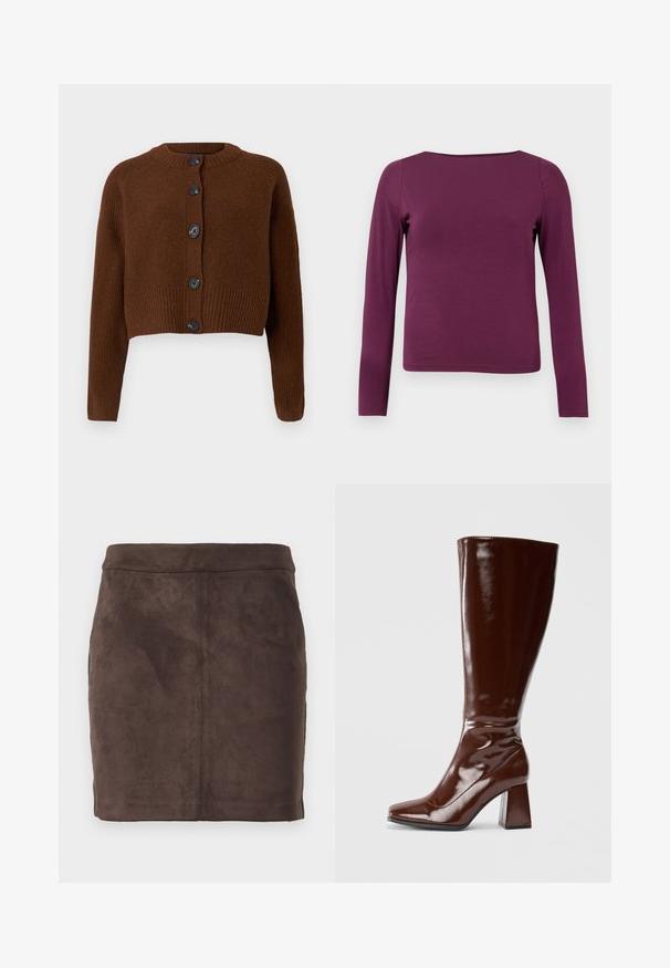 Brun cropped cardigan med ribbet kant, der har seks sorte knapper, en rund halsudskæring og teksturerede ærmer.; Langærmet, ensfarvet blommefarvet tætsiddende bluse med en bred rund halsudskæring, præsenteret mod en simpel hvid baggrund.; Brun ruskind mini-nederdel med en glat tekstur, tætsiddende design og en flad talje, der har lodrette sømme for struktur.; Knæhøje brune patentlæderstøvler med firkantet tå, glansfuld finish og en kraftig hæl for stabilitet. Sømløs design uden synligt hardware.