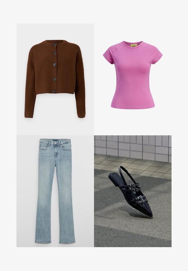 Bruine cropped cardigan met een geribbelde onderrand, voorzien van zes zwarte knopen, een ronde halslijn en textuurmouwen.; Korte roze T-shirt met een ronde hals, korte raglanmouwen en een getailleerde fit. Gemaakt van gladde katoenen stof. Etiket zichtbaar aan de binnenkant.; Lichtblauwe denim flared jeans met een hoge taille, voorzien van riemlussen, voorzakken en een vervaagde wassing.; Zwarte sandaal met platte zool en spitse neus, voorzien van meerdere gespsluitingen en een slingback, geplaatst boven een verhard oppervlak en een tegelmuur op de achtergrond.