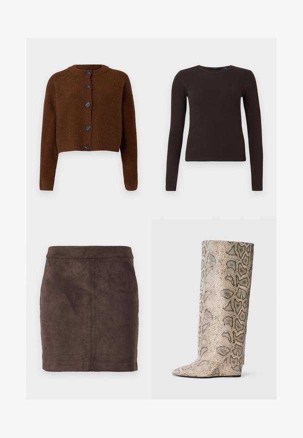Brun cropped cardigan med ribbet kant, der har seks sorte knapper, en rund halsudskæring og teksturerede ærmer.; Mørkebrune ribbede langærmede T-shirt med rund hals og tætsiddende silhuet, præsenteret på en simpel hvid baggrund.; Brun ruskind mini-nederdel med en glat tekstur, tætsiddende design og en flad talje, der har lodrette sømme for struktur.; Høje støvler med spids tå i et beige og sort slangeprint mønster. Lavet af tekstureret syntetisk materiale med en slank, glat finish.