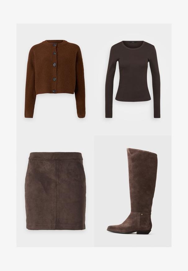 Brun cropped cardigan med ribbet kant, der har seks sorte knapper, en rund halsudskæring og teksturerede ærmer.; Langærmet brun t-shirt lavet af ribbet stof, med en rund halsudskæring og en tætsiddende silhuet.; Brun ruskind mini-nederdel med en glat tekstur, tætsiddende design og en flad talje, der har lodrette sømme for struktur.; Brune ruskinds knæhøje støvler med en let spids tå, lav hæl, glat tekstur og en gylden accentstud nær anklen.