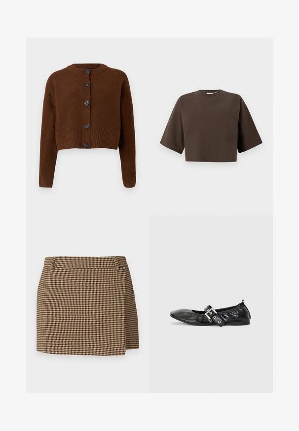 Gilet court marron avec un ourlet côtelé, doté de six boutons noirs, d'un col rond et de manches texturées.; Sweat-shirt court à manches courtes, col rond, de couleur marron foncé avec une coupe décontractée, présenté sur un fond clair uni.; Mini jupe en motif pied-de-poule brun et beige avec un léger détail de drapé et des passants de ceinture sur un fond blanc.; Chaussure plate en cuir noir avec un nez pointu, des détails froncés autour de l'ouverture et un accent en boucle argentée sur la bride ajustable.