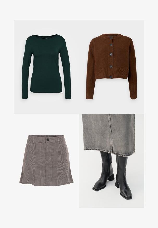 Bruine cropped cardigan met een geribbelde onderrand, voorzien van zes zwarte knopen, een ronde halslijn en textuurmouwen.; Langemouwige top in donker groen, gemaakt van zachte stof. Heeft een ronde halslijn en een getailleerd ontwerp met naadloze randen. Minimalistische stijl.; Geruite rok in zwart en wit, gemaakt van lichte stof, met een tailleband met een knoop en een geplooid ontwerp voor extra detail.; Zwarte laarzen tot de knie van soepel leer met een vierkante neus en blokhak. Draag ze met een grijze denim rok met een rafelige zoom.