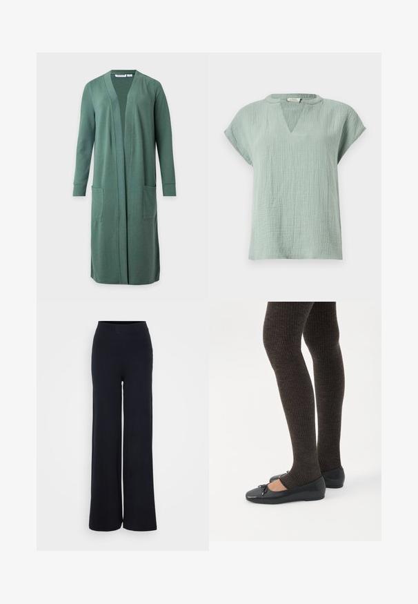 Lang grøn cardigan med åben front, lange ærmer og to forlommer, vist på en ensfarvet lys baggrund.; Lysegrøn kortærmet bluse med tekstur, V-formet krave og afslappet pasform på ensfarvet baggrund.; Sorte ribbede bukser med bred benvidde, struktureret finish og elastisk talje, som har en afslappet pasform og ingen synlig hardware.; Ben iført mørke ribbede leggings kombineret med sorte balletsko med små sløjfedetaljer på hvid baggrund.