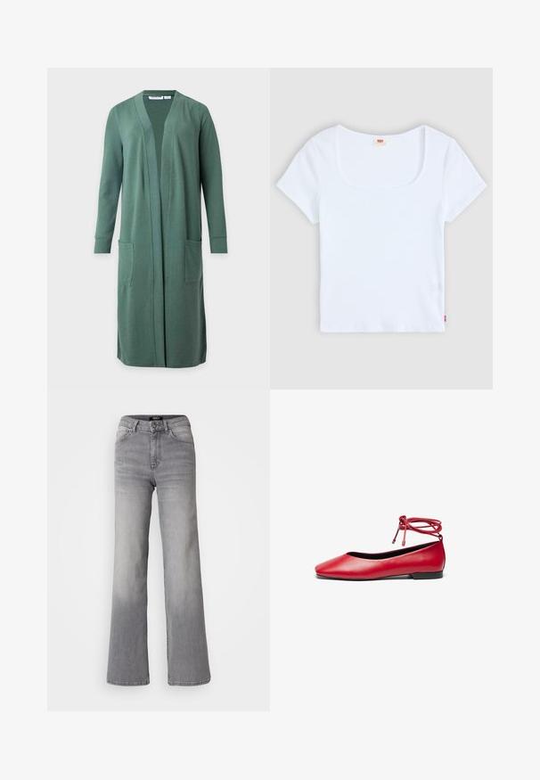 Langer grüner Cardigan mit offener Vorderseite, langen Ärmeln und zwei vorderen Taschen, dargestellt vor einem einfarbigen hellen Hintergrund.; Weiße kurzärmelige Bluse mit quadratischem Ausschnitt, aus geripptem Stoff. Mit einem kleinen roten Logoschild auf der unteren linken Seite.; Hochtaillierte graue Denim-Jeans mit geradem Bein, Frontknopf und Reißverschluss, Vorder- und Gesäßtaschen sowie ausgewaschenen Schattierungen an Oberschenkeln und Waden.; Rote Leder-Ballettschuhe mit eckiger Zehenpartie und einer gewickelten Knöchelriemen-Detail. Glatte Textur und ein kleiner schwarzer Absatz.