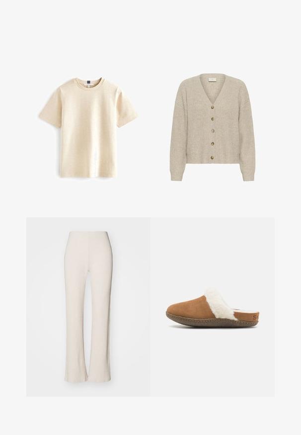 Beige strik cardigan med V-udskæring, lange ærmer og seks brune knapper foran. Strukturert stof med en afslappet pasform.; Beige kortærmet t-shirt lavet af blødt bomuld, med rund halsudskæring og en afslappet pasform med subtil tekstur.; Cremefarvede ribstrikkede bukser med flared ben-design, der har en høj talje og en glat tekstur. Stoffet ser strækbart og blødt ud.; Brune ruskindssutsko med en hvid fluffy foring og en tekstureret sål. Har en syet kant og en lille brandingdetalje på hælen.