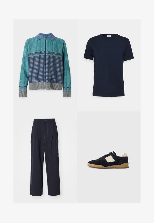 Pull à manches longues zippé avec col bleu, motif à carreaux vert et marine, et poignets et ourlet côtelés gris sur fond blanc.; T-shirt bleu marine à col ras du cou fabriqué en tissu doux. Manches courtes avec une coupe classique, avec une étiquette au niveau du col. Texture lisse, design minimal.; Pantalons cargo navy avec coutures bleues, ceinture élastique, deux poches latérales, coupe droite et texture de tissu douce.; Baskets en daim bleu marine avec panneau latéral crème, semelle en gomme et lacets foncés, arborant le logo PS Paul Smith sur le côté et le talon.