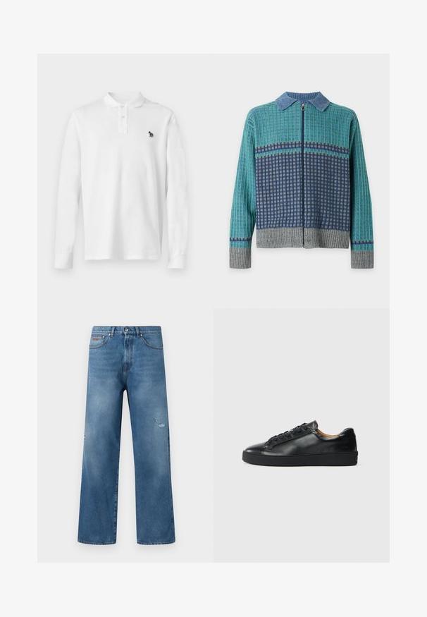 Pull à manches longues zippé avec col bleu, motif à carreaux vert et marine, et poignets et ourlet côtelés gris sur fond blanc.; Polo blanc à manches longues avec col boutonné et petit logo zèbre noir brodé sur la poitrine gauche.; Jean en denim bleu avec une coupe droite, légère usure sur la cuisse droite, style cinq poches, et taille avec fermeture à boutons.; Baskets en cuir noir avec une texture lisse, bout rond et fermeture à lacets. Comprend une semelle en caoutchouc épaisse et un minimum de détails de marque.