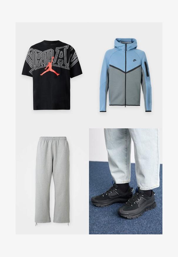 Nike kapucis jaka zilos un pelēkos toņos ar rāvējslēdzēju priekšpusē, ševrona dizainu un rāvējslēdzēja kabatu uz piedurknes.; Melna kokvilnas T-kreklu ar uzrakstu "JORDAN" treknrakstā baltā krāsā un sarkanu siluetu, kur attēlots basketbolists lēkšanā. Ar apaļu kakla izgriezumu un īsām piedurknēm.; Pelēki sporta bikses ar elastīgu jostu, taisnām kājām un auklu akcentiem apakšmalā. Izgatavotas no mīksta, teksturēta auduma.; Melni sporta apavi ar strukturētu audumu un gumijas zoli, ar elastīgām auklām un zilu akcentu uz papēža. Nēsāti ar gaišām džinsu biksēm.