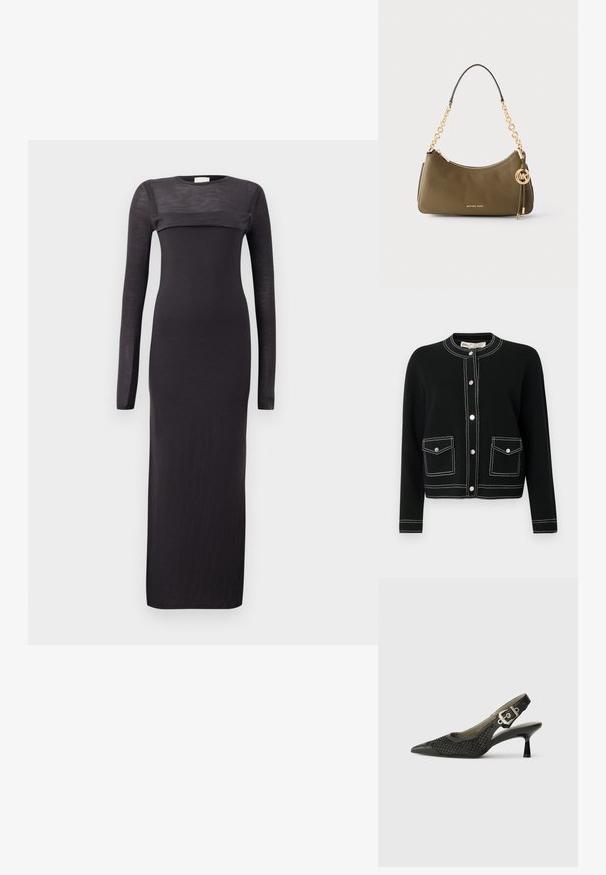 Cardigan noir avec des boutons-pression argentés, deux poches avant avec des coutures blanches, et un col rond. Fabriqué dans un matériau doux.; Robe noire à manches longues avec une coupe ajustée, col rond et un panneau transparent horizontal sur la poitrine. Matière douce et légère.; Chaussure slingback noire avec un bout pointu, texture en maille tissée et accent de boucle au talon. Talon fin et courbé. Détails en cuir lisse.; Sac à main en cuir vert olive Michael Kors avec bandoulière chaîne dorée, fermeture éclair et breloque logo MK dorée suspendue.