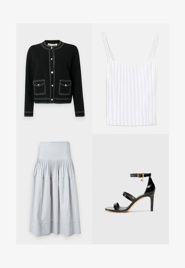 Cardigan noir avec des boutons-pression argentés, deux poches avant avec des coutures blanches, et un col rond. Fabriqué dans un matériau doux.; Haut blanc sans manches avec fines bretelles spaghetti, présentant une texture côtelée verticale et un ourlet droit. Tissu léger, design minimaliste.; Jupe midi blanche avec fines rayures noires verticales et horizontales, présentant un milieu froncé et une partie inférieure évasée.; Sandale en cuir verni noir avec trois brides, boucle de cheville et talon aiguille de 10 cm. Présente un détail en métal doré et un charm logo.