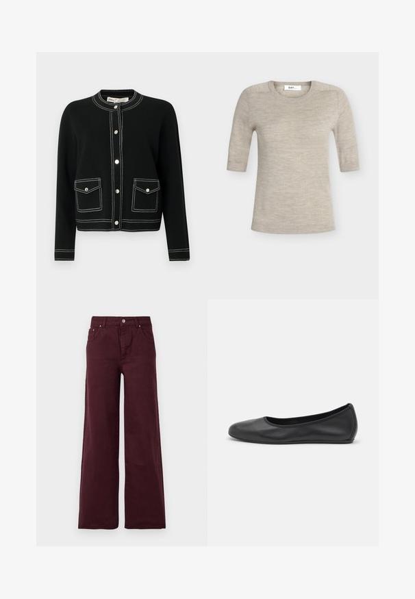 Sort cardigan med sølvfarvede trykknapper, to forlommer med hvide syninger og rund halsudskæring. Fremstillet af et blødt materiale.; Beige kortærmet striktrøje med rund hals og ribkanter på ærmer og kant, lagt fladt på en ensfarvet baggrund.; Bordeaux vide bukser med høj talje, metal knaplukning, forlommer og et glat, let tekstureret stof.; Sort læderballetsko med rund tå, glat tekstur, minimal syning og et fleksibelt såldesign.