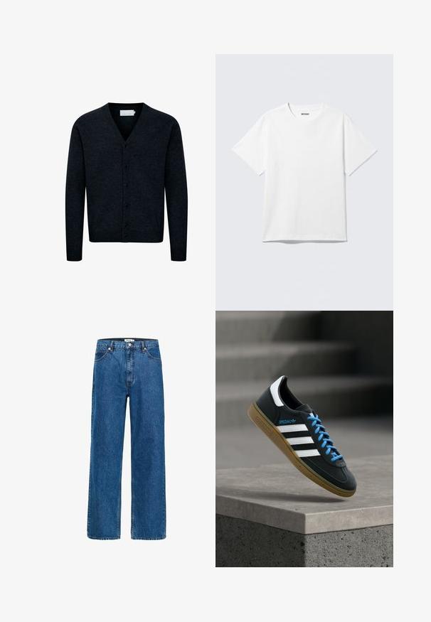 Mørkeblå strikket cardigan med V-hals, knaplukning foran, lange ærmer og ribbet kant. Lavet af et blødt, struktureret stof.; Hvid kortærmet crewneck T-shirt lagt fladt ud, ensfarvet design, med "WEEKDAY" mærkat inde i kraven på en lys baggrund.; Bredde ben jeans i mørk blå denim. Funktionen inkluderer fem lommer, en knaplukning og diskret syning. Glat tekstur med minimal falming.; Sort Adidas sneaker med hvide striber, blå snørebånd og gummisål, der svæver over gråt betontrin i blødt lys.