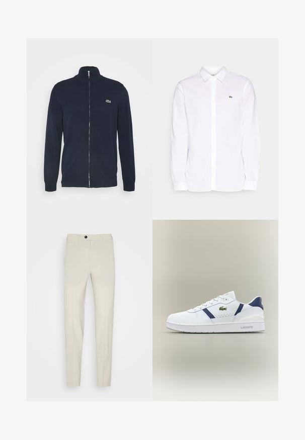 Marineblauwe zip-up jas met een hoge kraag, ribgebreide boorden en zoom. Kenmerkt zich door een groen Lacoste-logo op de linkerborst.; Witte lange mouwen shirt van katoen, met een button-down kraag, een groen geborduurd logo op de linkerkant van de borst en rechte mouwen.; Beige op maat gemaakte broeken met een slim fit, gemaakt van een gladde stof, met een enkele voorzak en een zwarte knoopsluiting.; Witte Lacoste sneaker met marineblauwe accenten, groen krokodillenlogo, vetersluiting en merkschoen op een neutrale achtergrond.