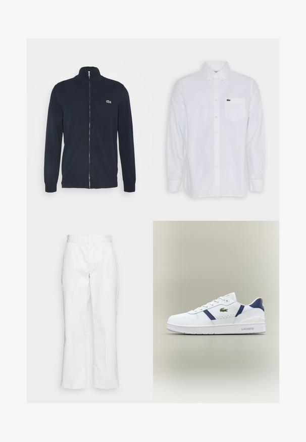 Chaqueta de cremallera azul marino con un alto cuello, puños y dobladillo acanalados. Presenta un logo verde de Lacoste en la parte izquierda del pecho.; Camisa de botones de manga larga blanca en algodón, con cuello, bolsillo delantero y un pequeño logo verde en el bolsillo del pecho.; Pantalones de algodón blancos con un diseño de pierna recta, presillas para el cinturón y bolsillos laterales, con una textura suave y un detalle mínimo.; Zapatilla Lacoste blanca con acentos en azul marino, logo de cocodrilo verde, diseño de cordones y suela de marca sobre fondo neutro.