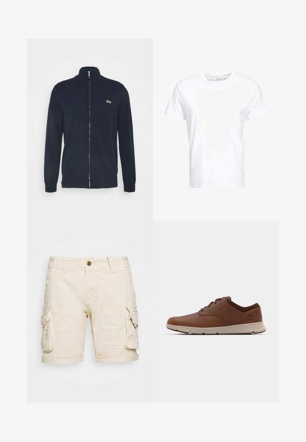 Veste zippée bleu marine avec un col haut, des bords-côtes aux poignets et à l'ourlet. Présente un logo vert Lacoste sur la partie supérieure gauche de la poitrine.; T-shirt en coton blanc avec un col rond et des manches courtes, au fit classique et à la texture lisse. Aucun motif ni accessoire visible.; Shorts cargo beiges avec deux poches latérales, un ourlet roulé, une fermeture à bouton et des passants de ceinture. Fabriqués en tissu léger et texturé.; Baskets en cuir marron avec un bout arrondi, semelle beige contrastante et un branding subtil sur le côté. Présente un design de laçage texturé.