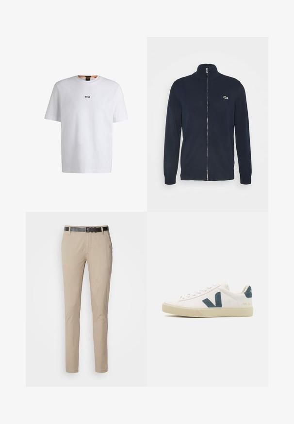 Marineblaues Zip-Jacke mit hohem Kragen, gerippten Bündchen und Saum. Mit einem grünen Lacoste-Logo im linken Brustbereich.; Weißes Baumwoll-T-Shirt mit kurzen Ärmeln, ausgestattet mit einem schwarzen "BOSS"-Logo, das mittig auf der Brust platziert ist, und einem runden Halsausschnitt.; Beige Chinos mit schmaler Passform, aus weichem Baumwollstoff gefertigt. Sie verfügen über einen schwarzen, strukturierten Gürtel, zwei seitliche Taschen und eine glatte Oberfläche.; Weißes Ledersneaker mit einem Logo aus türkisem Wildleder, runder Zehenpartie, Schnürdesign und Gummisohle mit strukturierten Details. Markenname "VEJA" in Gold.