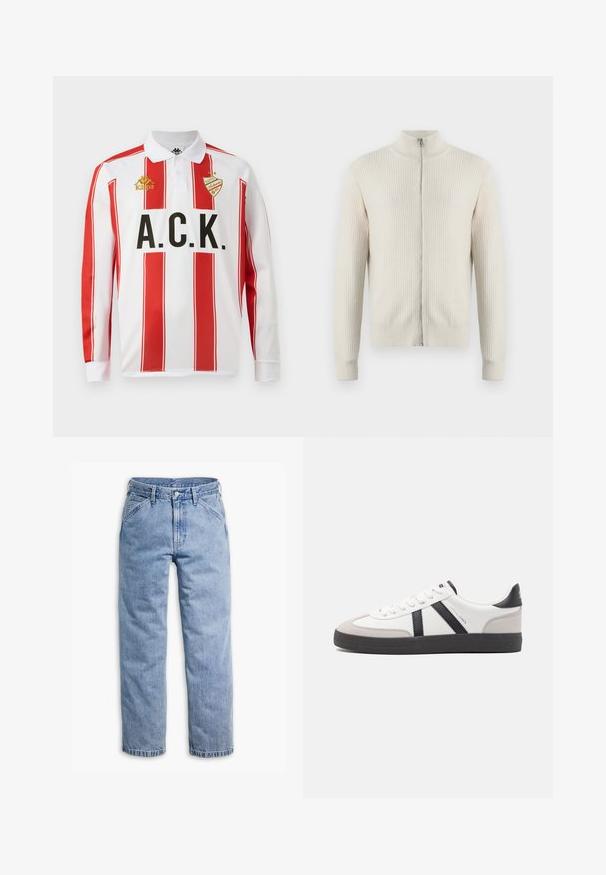 Samsøe Samsøe ADEM ZIP - Gilet - off white; Polo à manches longues, blanc avec des rayures verticales rouges, avec le lettrage noir "A.C.K." et le logo doré "Kappa" sur la poitrine gauche.; Jean en denim bleu clair à jambes droites avec fermeture avant par boutons et fermeture éclair, passants de ceinture, et poches avant inclinées.; Baskets blanches avec des accents noirs et gris, présentant un embout texturé gris, une semelle en caoutchouc noir et des lacets plats blancs. Design épuré, style minimaliste.