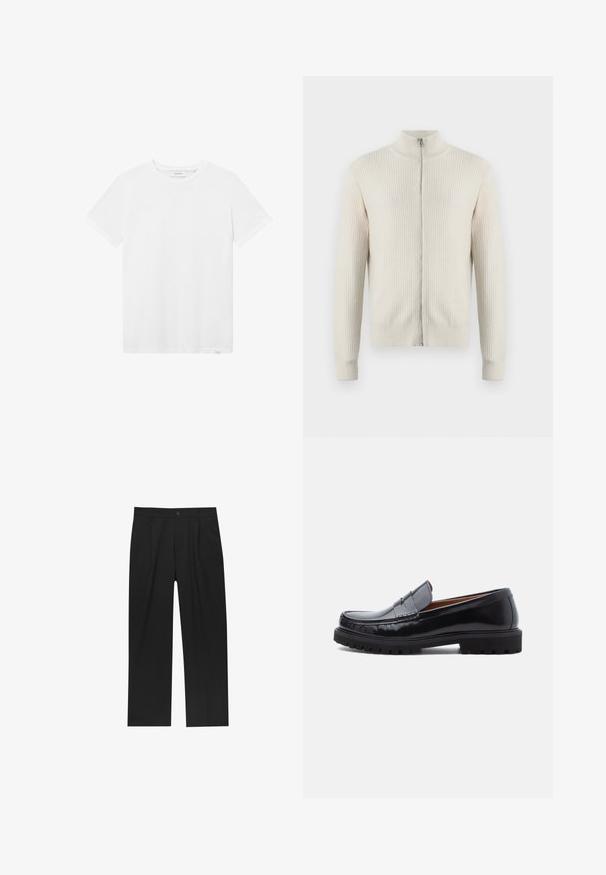 Samsøe Samsøe ADEM ZIP - Vest - off white; Witte katoenen T-shirt met een ronde hals, korte mouwen en een subtiele logodetail op de borst. Gladde textuur en een standaard fit.; Zwarte broeken met een recht model, gemaakt van een gladde stof. Voorzien van een voorplooien en een enkele knoopsluiting bij de taille.; Zwarte leren penny loafer met chunky rubberen zool en moc-toe stiksel, in profiel weergegeven op een witte achtergrond.