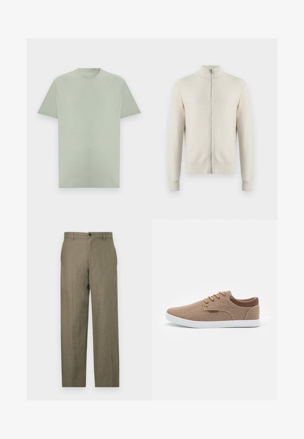 Samsøe Samsøe ADEM ZIP - Gilet - off white; T-shirt vert clair à manches courtes et col rond avec une texture subtile de rayures horizontales, présenté sur un fond neutre.; Pantalons en mélange de lin vert olive avec une coupe droite, poches avant, fermeture par un bouton simple et une texture lisse.; Sneaker en toile beige avec des accents en cuir marron, semelle blanche, bout rond et six œillets en métal pour les lacets. Design de tige à texture lisse.