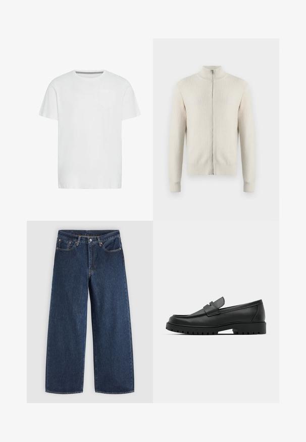 Samsøe Samsøe ADEM ZIP - Gilet - off white; T-shirt en coton blanc avec un col rond, des manches courtes et une poche poitrine simple. Présente un motif en chevrons subtil à l'intérieur du col.; Jean en denim bleu foncé à jambes larges avec poches avant, fermeture à boutons et passants de ceinture, posé à plat sur un fond clair.; Mocassins en cuir noir à bout arrondi, avec un design cousu, une semelle plateforme basse et une semelle en caoutchouc texturée et crantée.