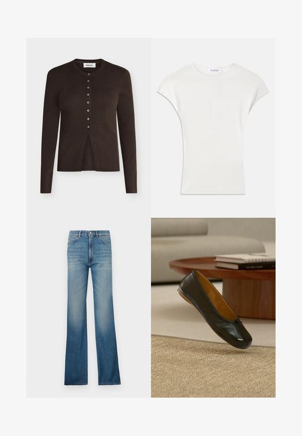 Cardigan à manches longues en maille côtelée marron foncé avec encolure ronde et sept boutons sur le devant, légèrement ouvert en bas au centre.; Chemise blanche à manches courtes en tissu côtelé doux. Encolure ras du cou ; coupe décontractée avec des manches légèrement bouffantes. Étiquette de la marque visible au niveau de l'encolure.; Jean en denim bleu évasés avec un délavage clair, présentant un style à cinq poches traditionnel et une fermeture à boutons. Silhouette à jambe droite.; Chaussure ballerine plate en cuir noir avec petit détail nœud, flottant au-dessus d'un tapis beige tissé dans un salon avec une table basse en bois et des livres.