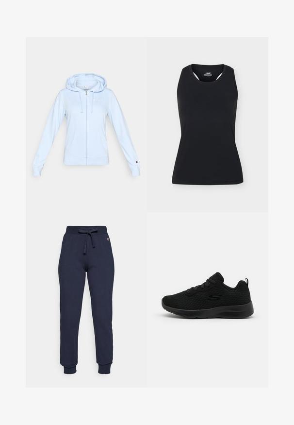 Lyseblå hættetrøje med lynlås fremstillet af blødt materiale, med kængurulomme, snøre i hætten og lille logo på brystet.; Sort ærmeløs sportstanktop med rund halsudskæring og bryderryg, vist på ensfarvet lyst baggrund.; Mørkeblå sweatpants lavet af en bomulds-blanding, med snor i taljen, ribbede manchetter og et lille logo på hoften.; Sorte atletiske sneakers med en mesh overdel, polstret krave, snørebåndsdesign og en tekstureret gummisål. Enkel og strømlinet silhuet.
