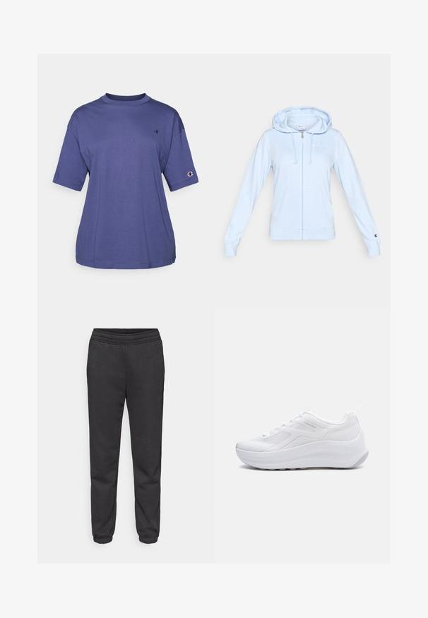 Sudadera con capucha azul claro con cremallera, fabricada con material suave, que presenta un bolsillo canguro, capucha con cordón y un pequeño logotipo en el pecho.; Camiseta de algodón morada de cuello redondo y manga corta, que presenta un pequeño logo en el pecho y un parche del logo en la manga.; Pantalones deportivos gris oscuro con cintura ajustable con cordón, piernas cónicas y puños elásticos. Hechos de una tela suave y texturizada.; Zapatilla deportiva blanca de corte bajo con suela gruesa y empeine de malla, con la marca Calvin Klein en el lateral.