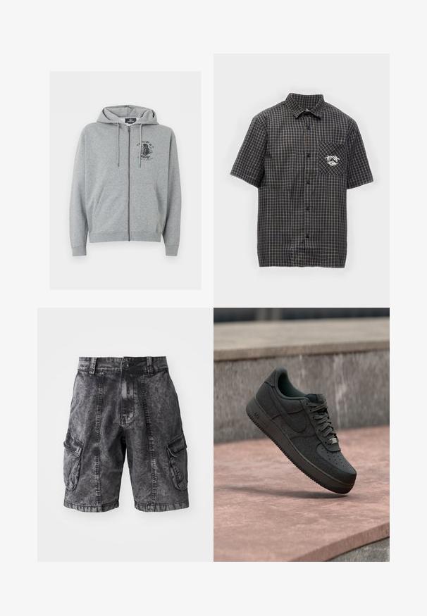Sudadera con capucha gris claro con cremallera, cordones, bolsillos frontales y un pequeño diseño gráfico negro en la parte superior izquierda del pecho.; Camisa de manga corta con botones, con patrón de cuadros en negro y gris y pequeño logo en el bolsillo izquierdo del pecho.; Pantalones cortos cargo de mezclilla negra con textura desgastada, dos bolsillos laterales y cierre de botón. Hasta la rodilla con costuras reforzadas.; Zapatilla Nike Air Force 1 negra suspendida sobre una superficie lisa de piedra con un fondo de muro de piedra.