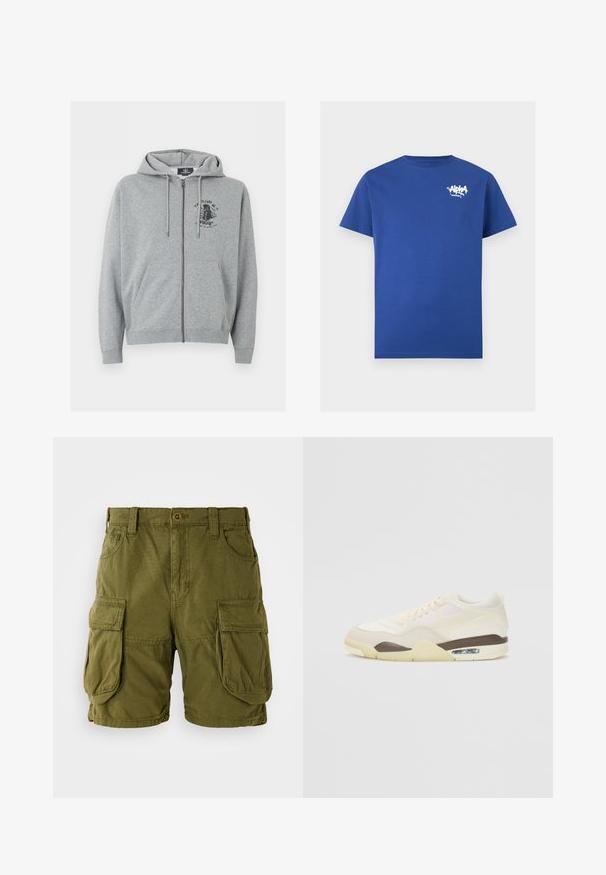 Sudadera con capucha gris claro con cremallera, cordones, bolsillos frontales y un pequeño diseño gráfico negro en la parte superior izquierda del pecho.; Camiseta azul de manga corta con el logo estilo grafiti blanco de "Alpha Industries" en el pecho izquierdo y cuello redondo.; Pantalones cortos cargo color verde oliva, confeccionados en una mezcla de algodón. Cuentan con dos grandes bolsillos laterales y un cierre de botón con trabillas para cinturón. Textura suave.; Zapatilla con una parte superior crema que combina texturas de malla y lisas, un acento marrón, suela en un tono amarillo claro y amortiguación de aire visible en el talón.