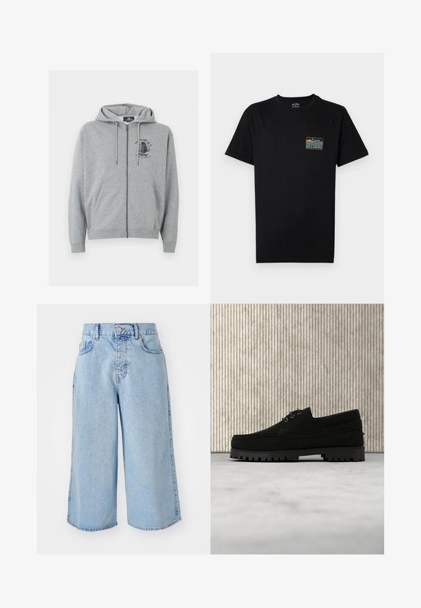 Sudadera con capucha gris claro con cremallera, cordones, bolsillos frontales y un pequeño diseño gráfico negro en la parte superior izquierda del pecho.; Camiseta negra de manga corta con un pequeño gráfico multicolor de montaña y océano y texto "BILLABONG Adventure division" en el pecho izquierdo.; Pantalones cortos culotte de mezclilla azul claro con una cintura alta, diseño de cinco bolsillos y ajuste holgado. Presentan una textura desvaída y dobladillos de doble costura.; Zapato negro de cordones con suela gruesa y acanalada flotando sobre una alfombra beige, mesa redonda moderna de color marrón en un fondo de habitación con luz suave.