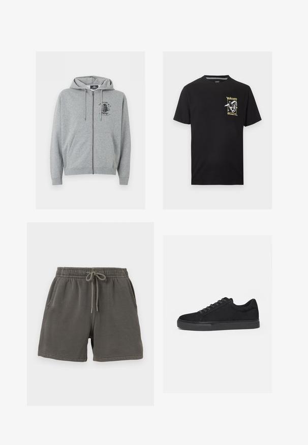 Sweat à capuche gris clair zippé avec cordons, poches avant et petit motif graphique noir sur la poitrine, côté gauche en haut.; T-shirt noir à manches courtes avec un petit motif jaune et blanc d'un cheval au galop et le texte "Volcom Stone Co." sur le côté gauche de la poitrine.; Shorts en coton gris foncé avec taille élastique, poches avant et cordon de serrage au centre.; Baskets basses noires avec fermeture à lacets à l'avant et semelle en caoutchouc plate, vues de profil sur fond blanc.