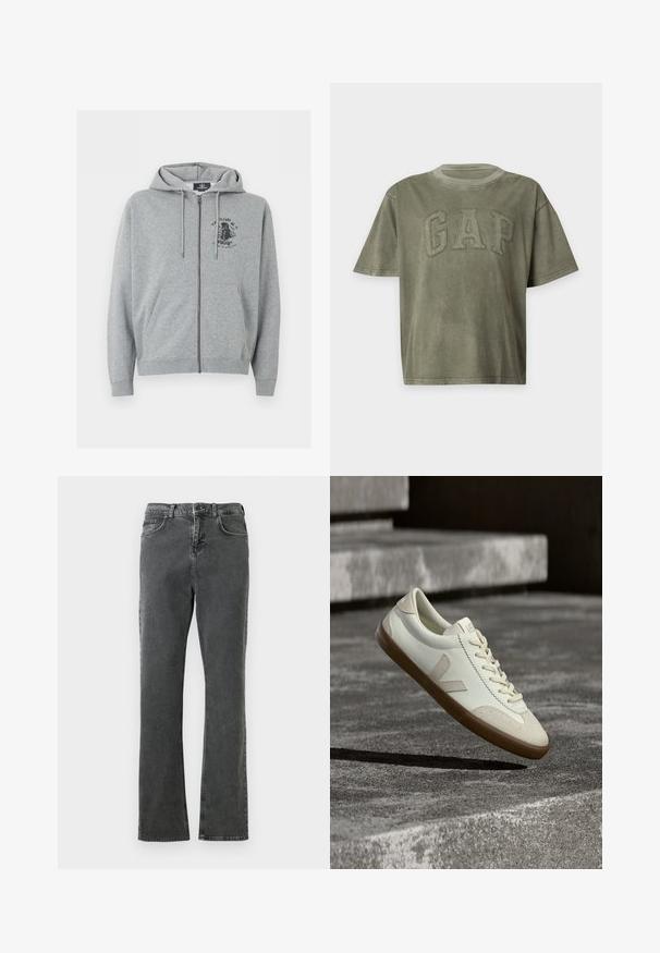Hellgrauer Kapuzenpullover mit Reißverschluss, Kordelzug, Fronttaschen und kleinem schwarzem Grafikdesign auf der oberen linken Brust.; Grünes T-Shirt mit kurzen Ärmeln, rundem Ausschnitt und erhabenen, gestickten Buchstaben, die GAP auf der Brust bilden.; Graue Jeans aus Denim mit geradem Bein, ausgestattet mit fünf Taschen, einem Knopf- und Reißverschluss sowie sichtbaren Nähdetails.; Weiße Leder-Sneaker mit beige-gummiartiger Sohle, flachen Schnürsenkeln und V-förmigem Akzent an der Seite. Verfügt über eine glatte Oberfläche und minimale Nahtdetails.