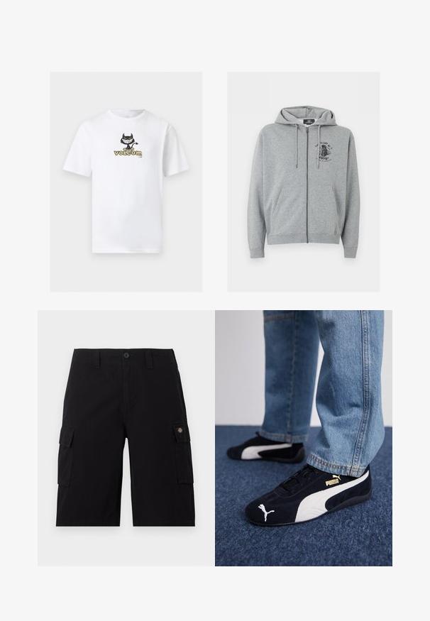 Sweat à capuche gris clair zippé avec cordons, poches avant et petit motif graphique noir sur la poitrine, côté gauche en haut.; T-shirt blanc à manches courtes avec un graphisme centré représentant un diable dessin-animé noir sur un skateboard au-dessus du texte "volcom" en beige et noir.; Shorts cargo noirs mi-genoux avec fermeture à boutons, passants pour ceinture, et poches à rabat de chaque côté, dont une poche avec un petit écusson logo.; Baskets en daim noir avec accents blancs, arborant un logo doré. Portées avec un jean en denim bleu clair et posées sur une surface bleue texturée.